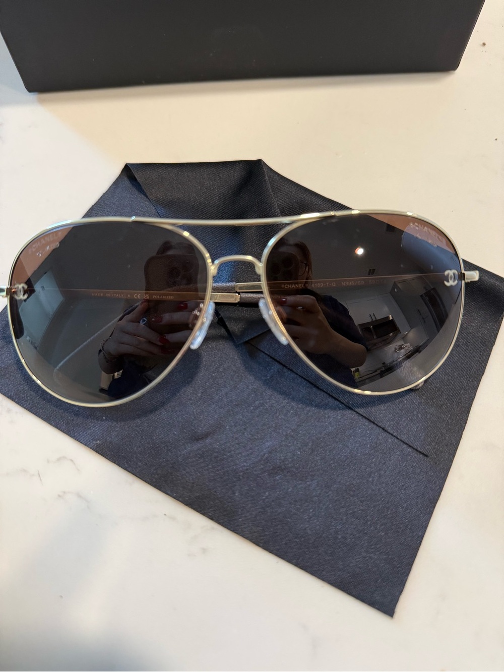 CHANEL Gold Frame Aviator Sunglasses with Dark Gray Lenses
